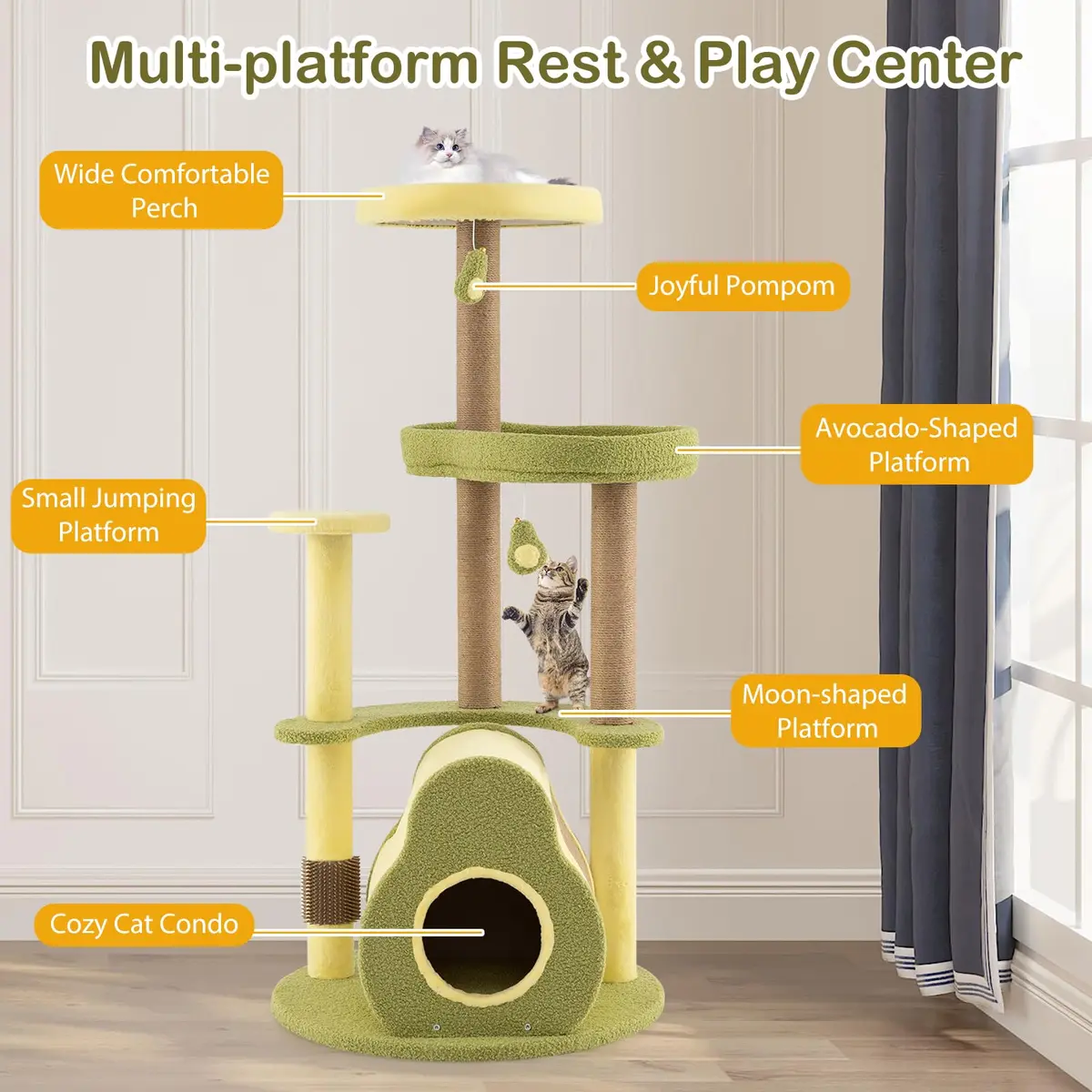 PETSITE 49-inch Avocado-Themed Cat Tree, Multi-Level Modern Cat Tower with Jute Scratching Posts, Cat Condo, Self Groomer Brush, and Dangling Toys for Indoor Cats - view 4