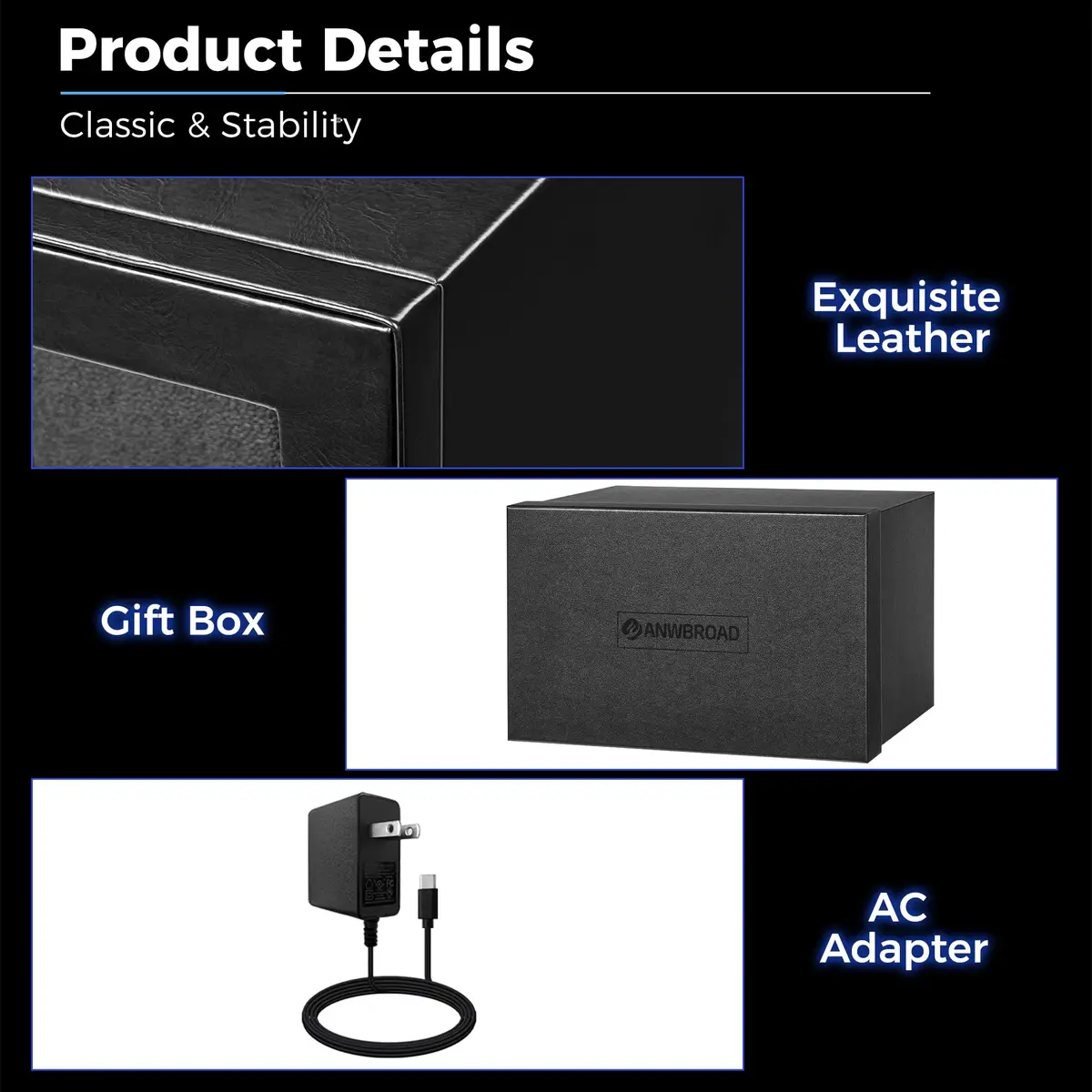 ANWBROAD Automatic Double Watch Winder Box 4 Mode | Quiet Motor, Vertical Winding, LED - view 7