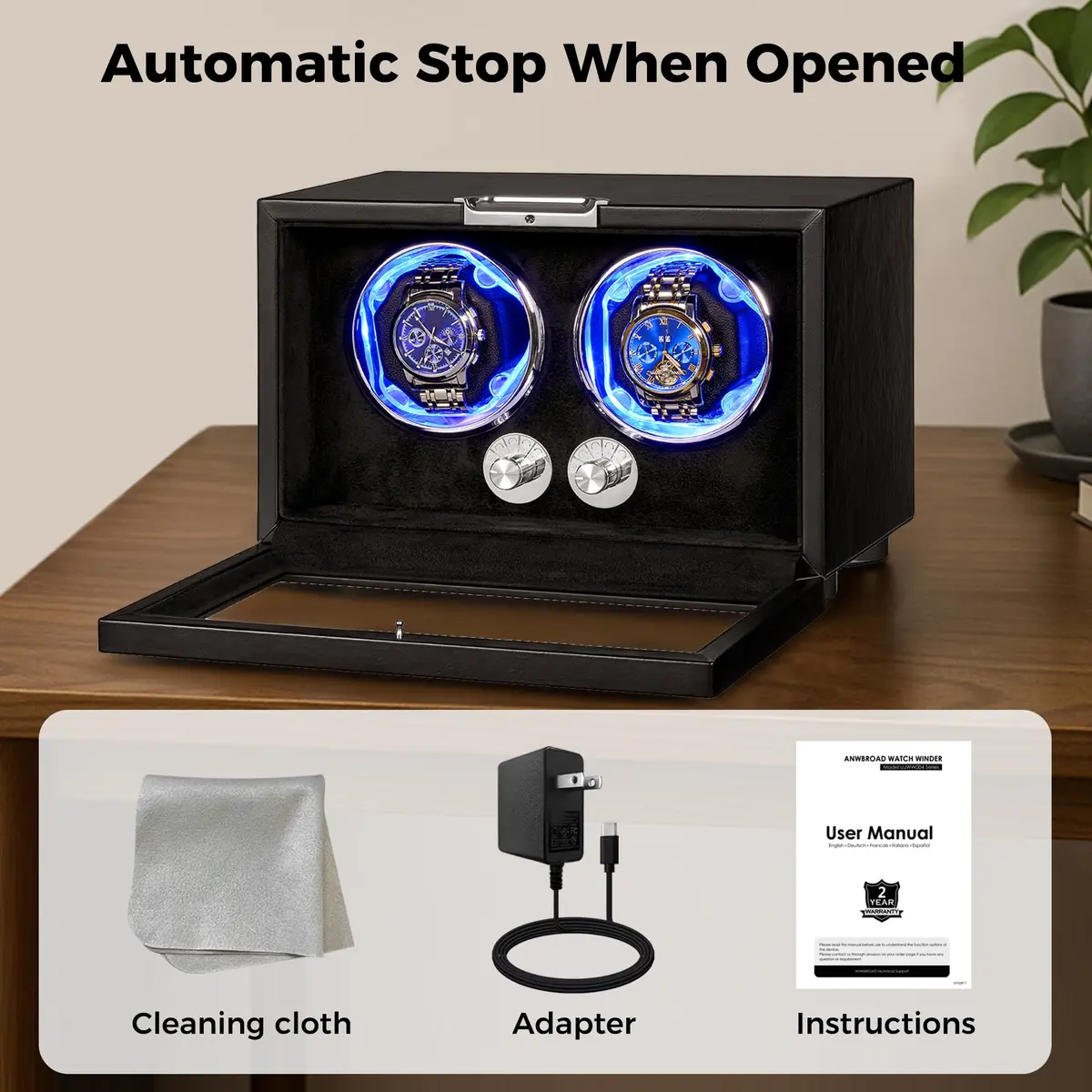 ANWBROAD Automatic Double Watch Winder Box 4 Mode | Quiet Motor, Vertical Winding, LED - view 9