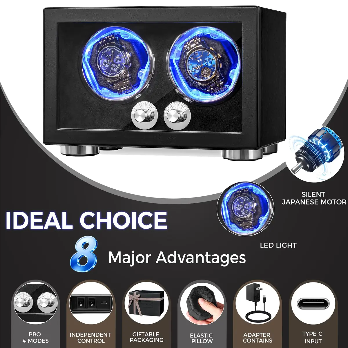 ANWBROAD Automatic Double Watch Winder Box 4 Mode | Quiet Motor, Vertical Winding, LED - view 2