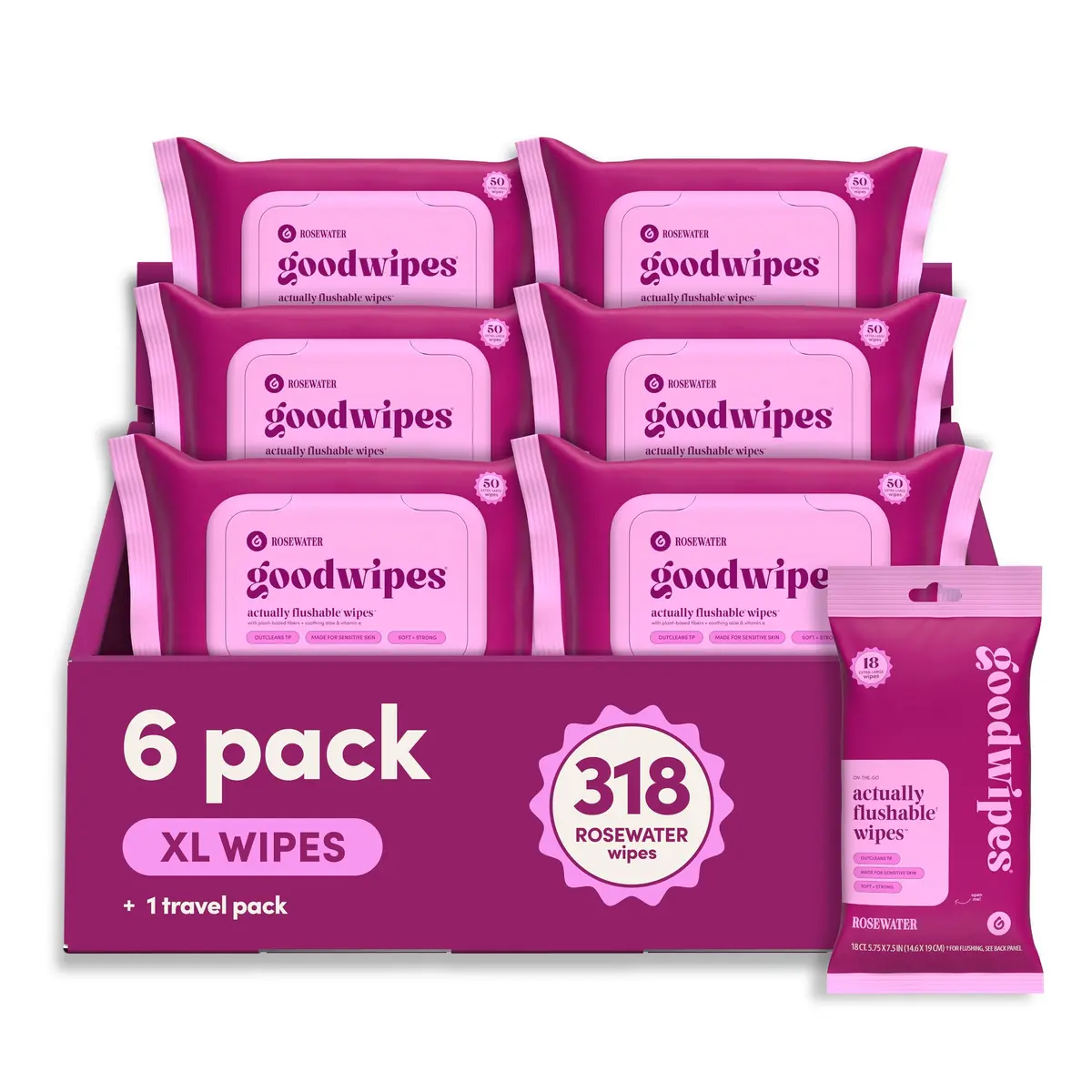 goodwipes Flushable Wipes Rose Scent 50 Count (Pack of 6) | Septic Safe & Biodegradable Wet Wipes for Adults - main product image