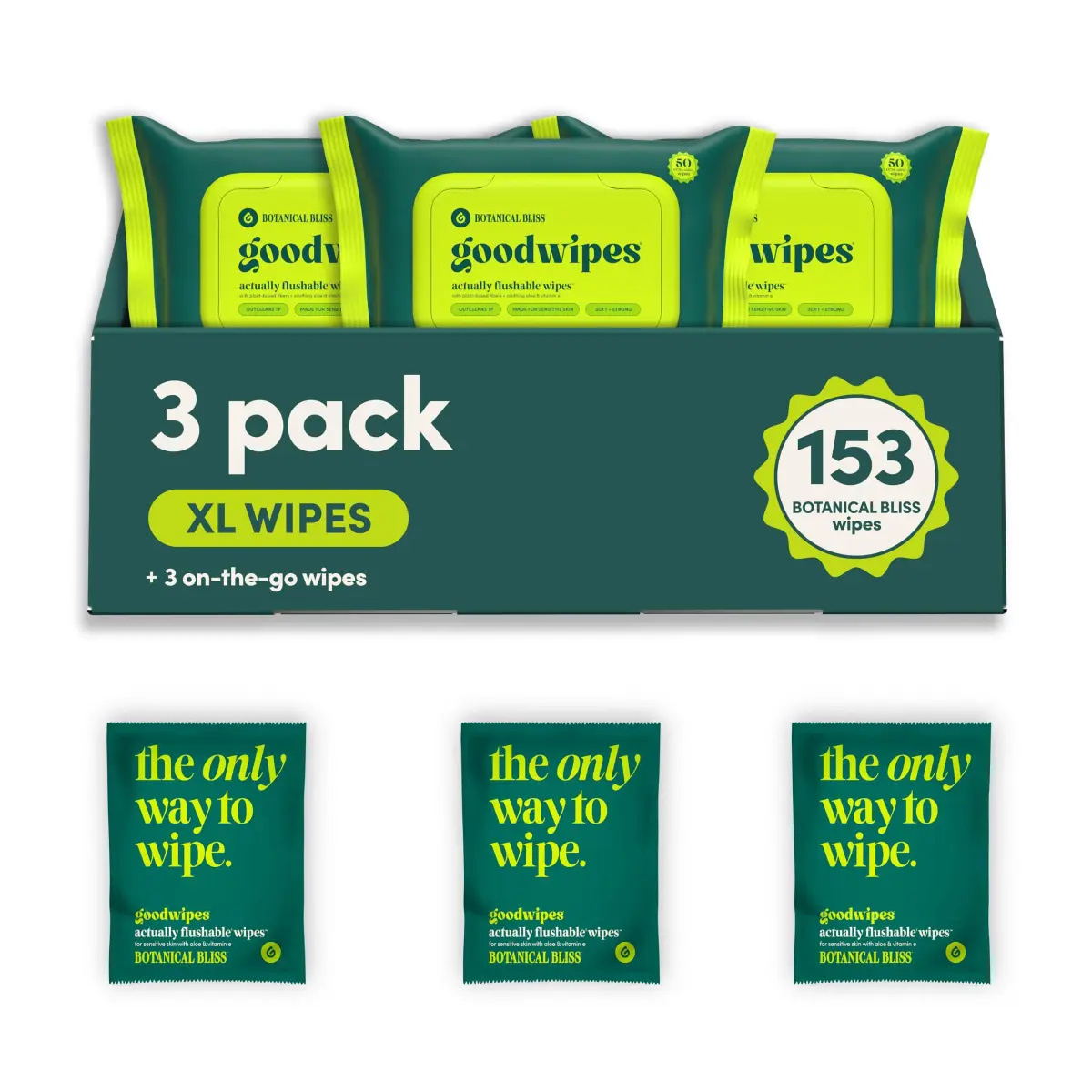 goodwipes Flushable Wipes Botanical Bliss 153 Count (3 Pack + 3 Singles) | Septic Safe & Plant-Based - main product image