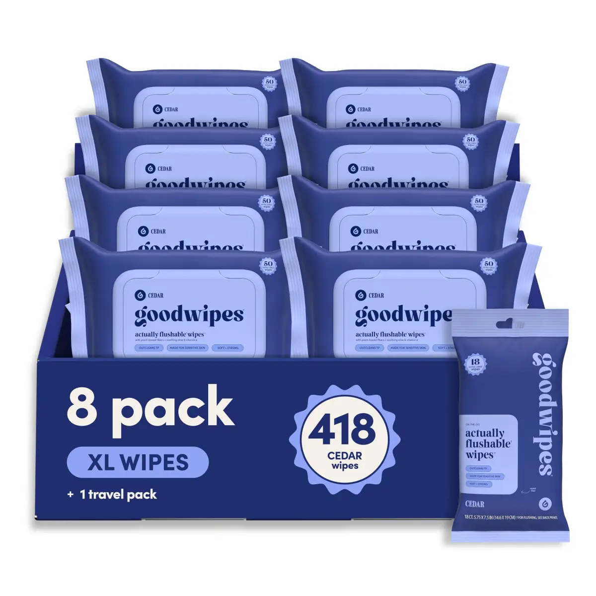 goodwipes Flushable Wipes Cedar XL 418 Count (8 Pack + 1 Travel Pack) | Septic Safe & Sensitive Skin Friendly - main product image