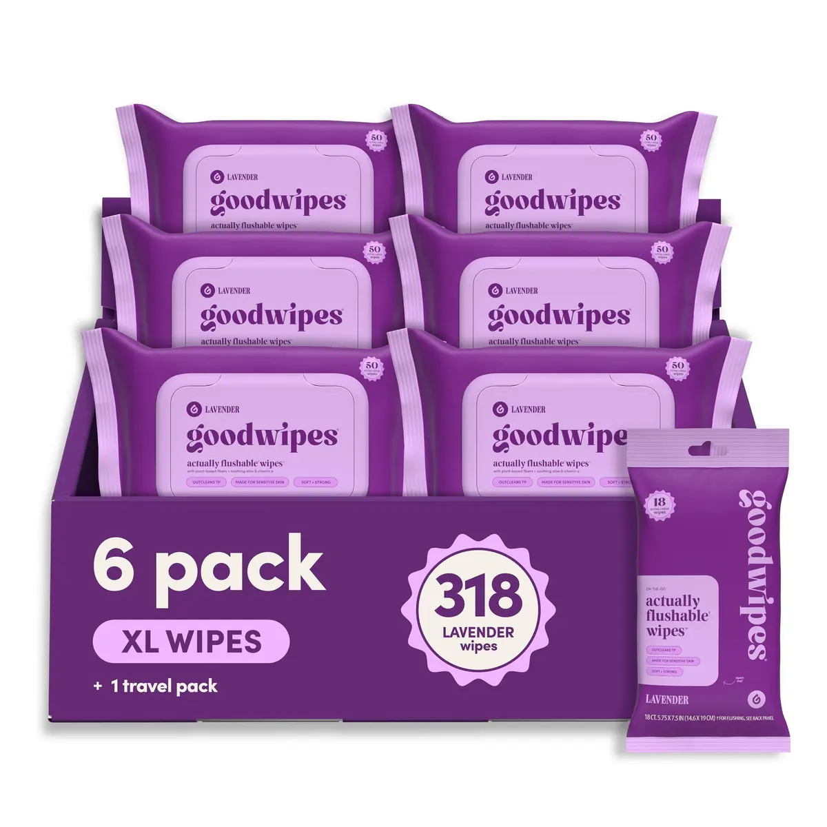 goodwipes Flushable Wipes Lavender Scent 300 Count (6 x 50 Count Packs) | Septic Safe & Biodegradable - main product image