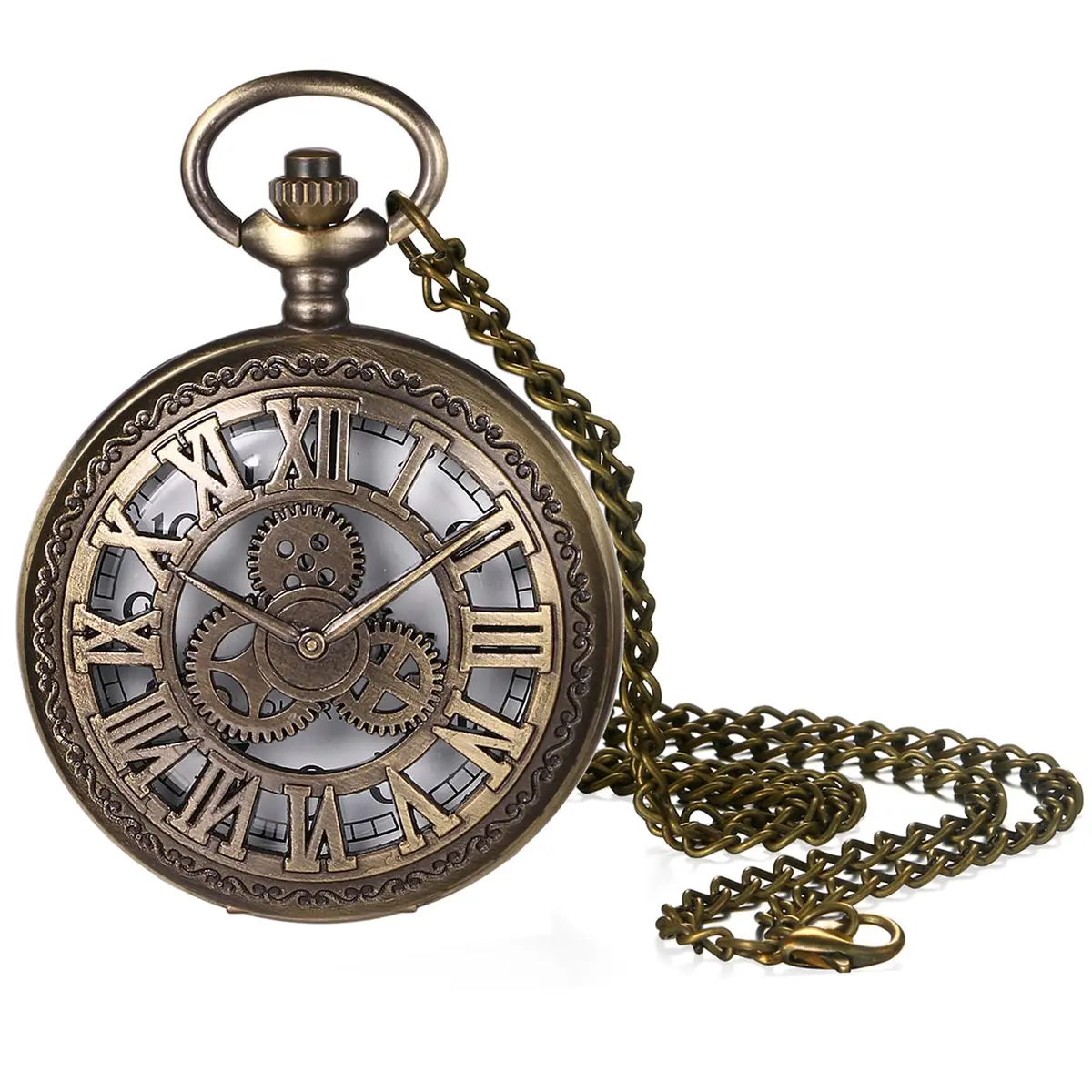 JewelryWe Vintage Quartz Pocket Watch Unisex Bronze 1.81 inch | Classic Gear Design for Father's Day - main product image