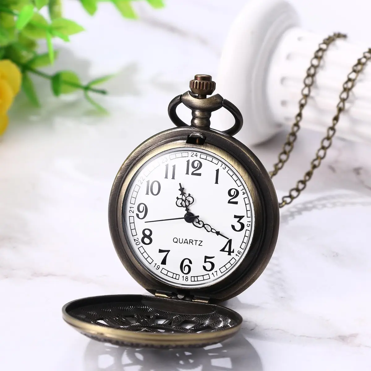 JewelryWe Vintage Quartz Pocket Watch Unisex Bronze 1.81 inch | Classic Gear Design for Father's Day - view 2