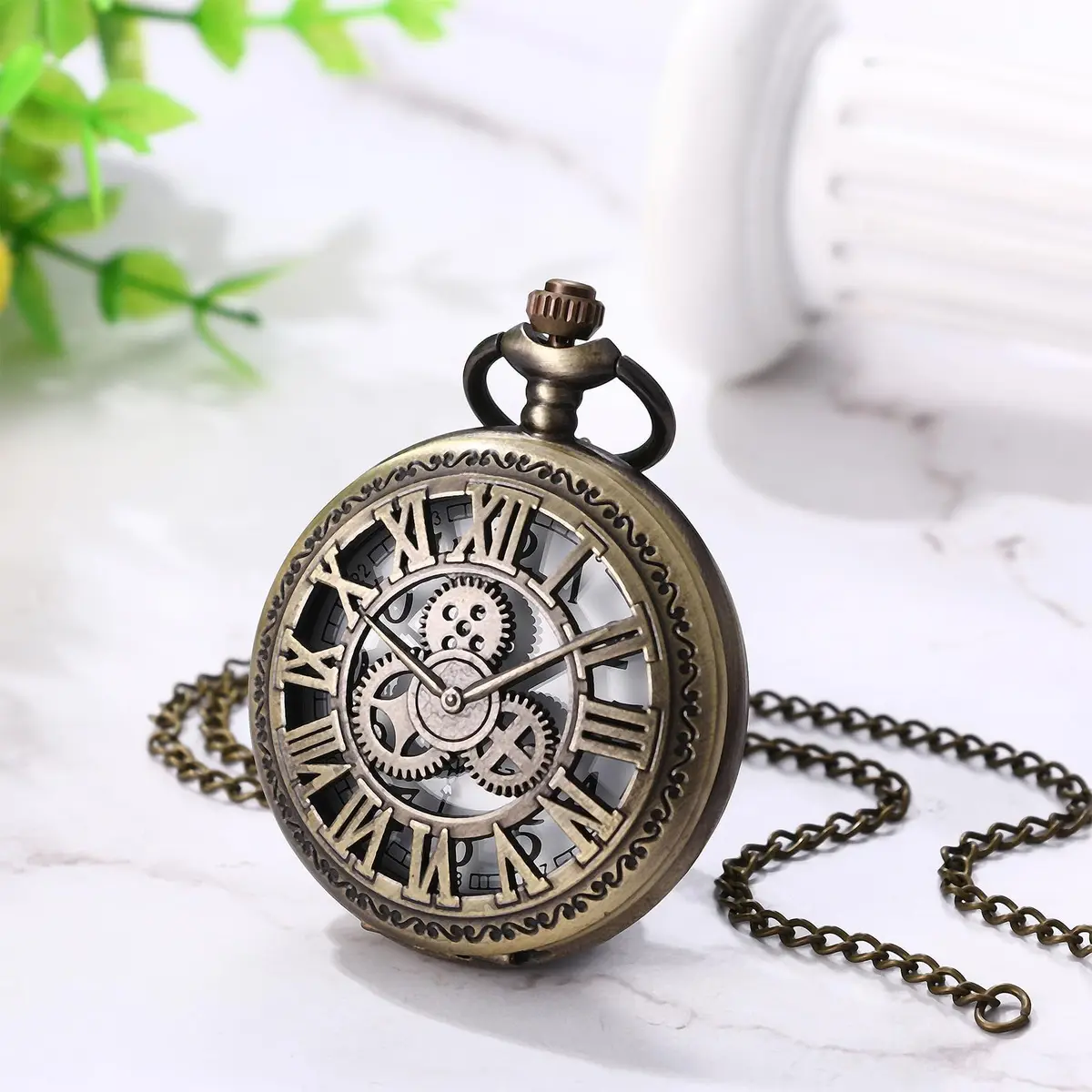 JewelryWe Vintage Quartz Pocket Watch Unisex Bronze 1.81 inch | Classic Gear Design for Father's Day - view 3