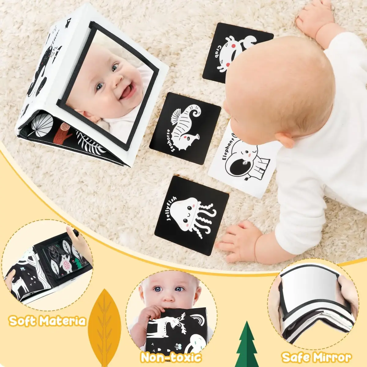 URMYWO Tummy Time Mirror Toys, Visual Stimulation Learning Cards & Soft Baby Book | Black & White, 68cm x 16cm - view 5