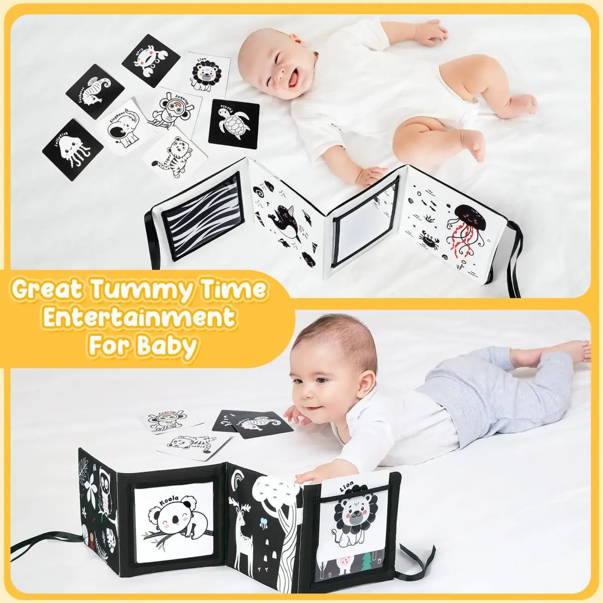 URMYWO Tummy Time Mirror Toys, Visual Stimulation Learning Cards & Soft Baby Book | Black & White, 68cm x 16cm - view 6