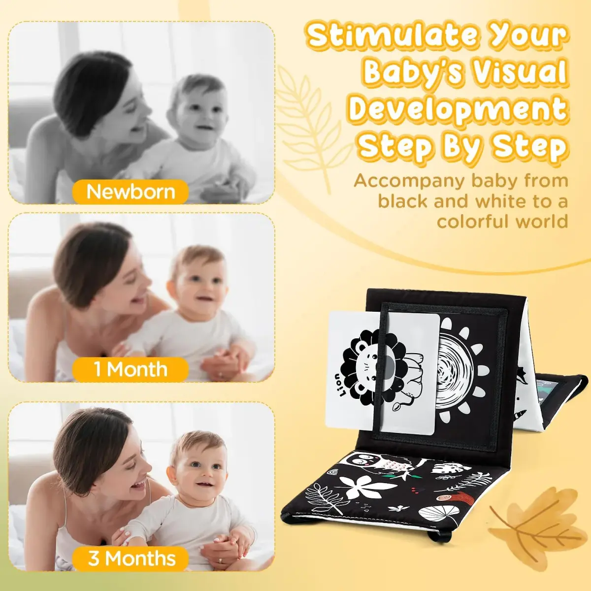 URMYWO Tummy Time Mirror Toys, Visual Stimulation Learning Cards & Soft Baby Book | Black & White, 68cm x 16cm - view 2
