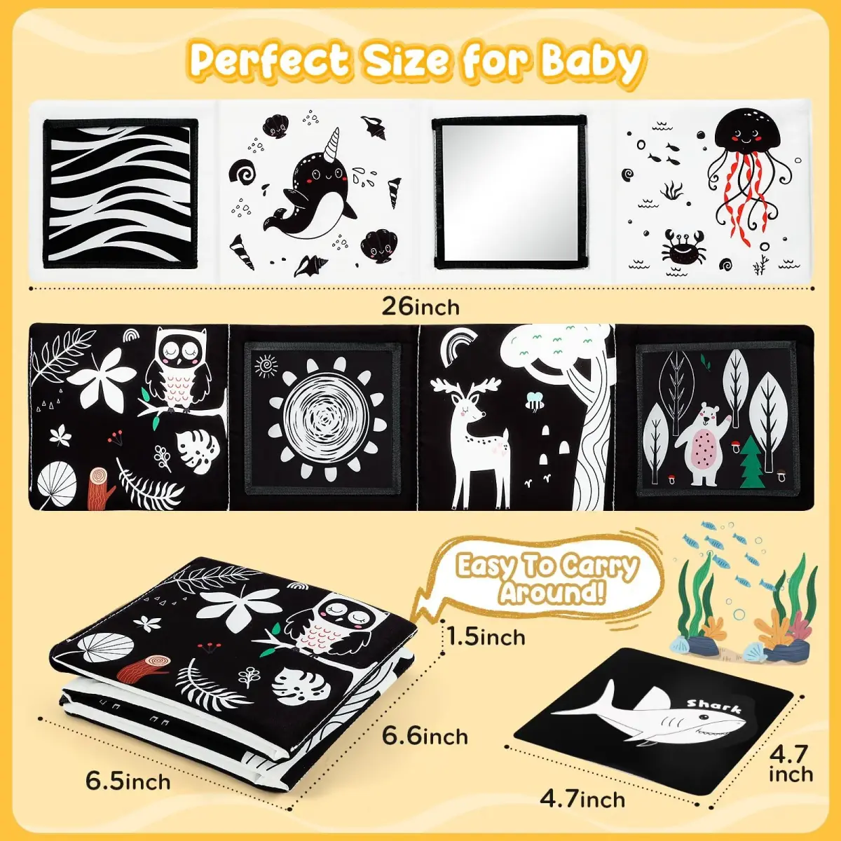 URMYWO Tummy Time Mirror Toys, Visual Stimulation Learning Cards & Soft Baby Book | Black & White, 68cm x 16cm - view 3