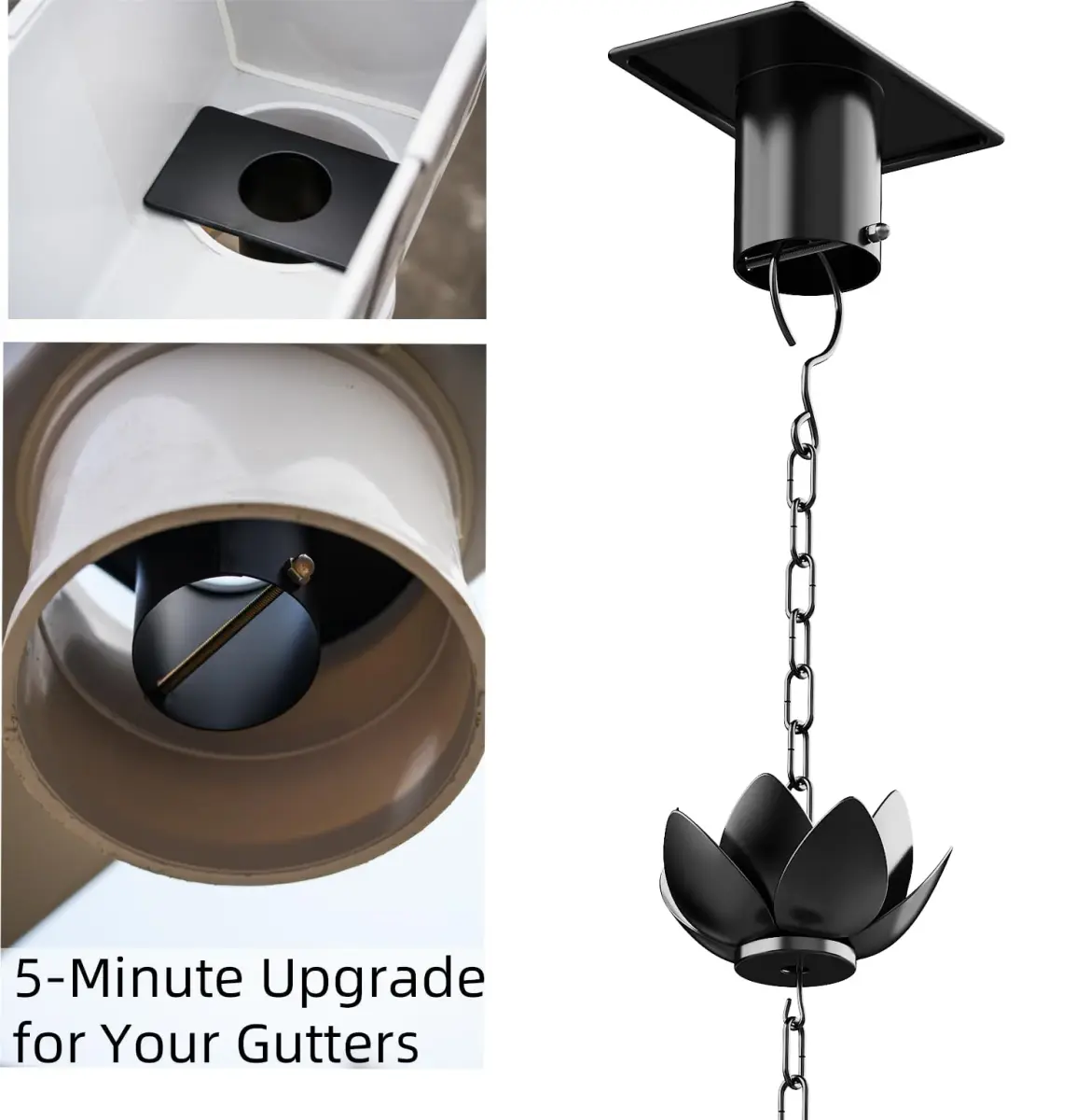 Wellrain Black Lotus Rain Chain 2.59 m (8.5 FT) with 12 Cups | Decorative Gutter Downspout Replacement for Gardens & Patios - view 7