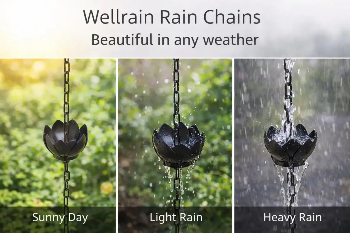 Wellrain Black Lotus Rain Chain 2.59 m (8.5 FT) with 12 Cups | Decorative Gutter Downspout Replacement for Gardens & Patios - view 2