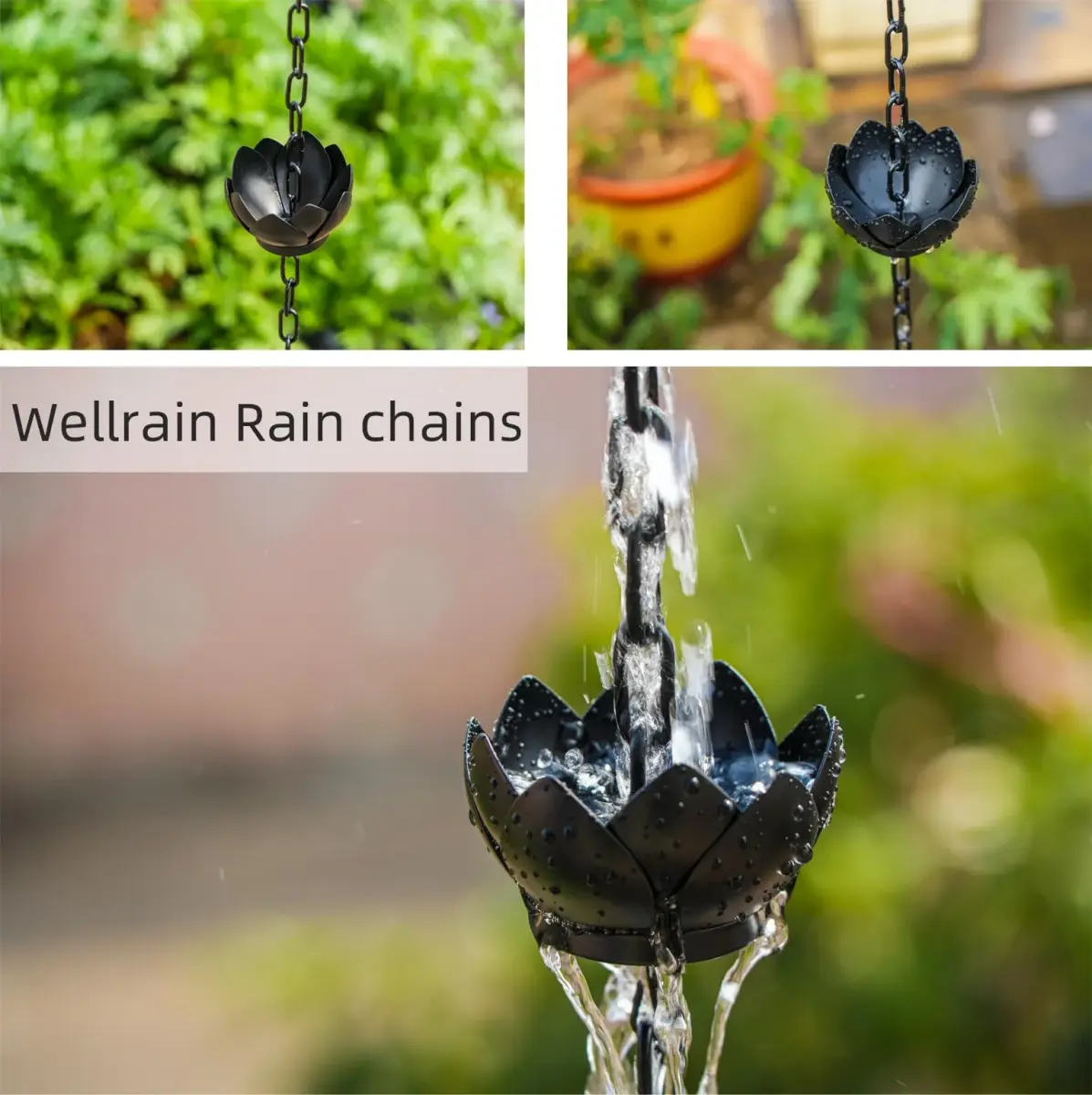 Wellrain Black Lotus Rain Chain 2.59 m (8.5 FT) with 12 Cups | Decorative Gutter Downspout Replacement for Gardens & Patios - view 4