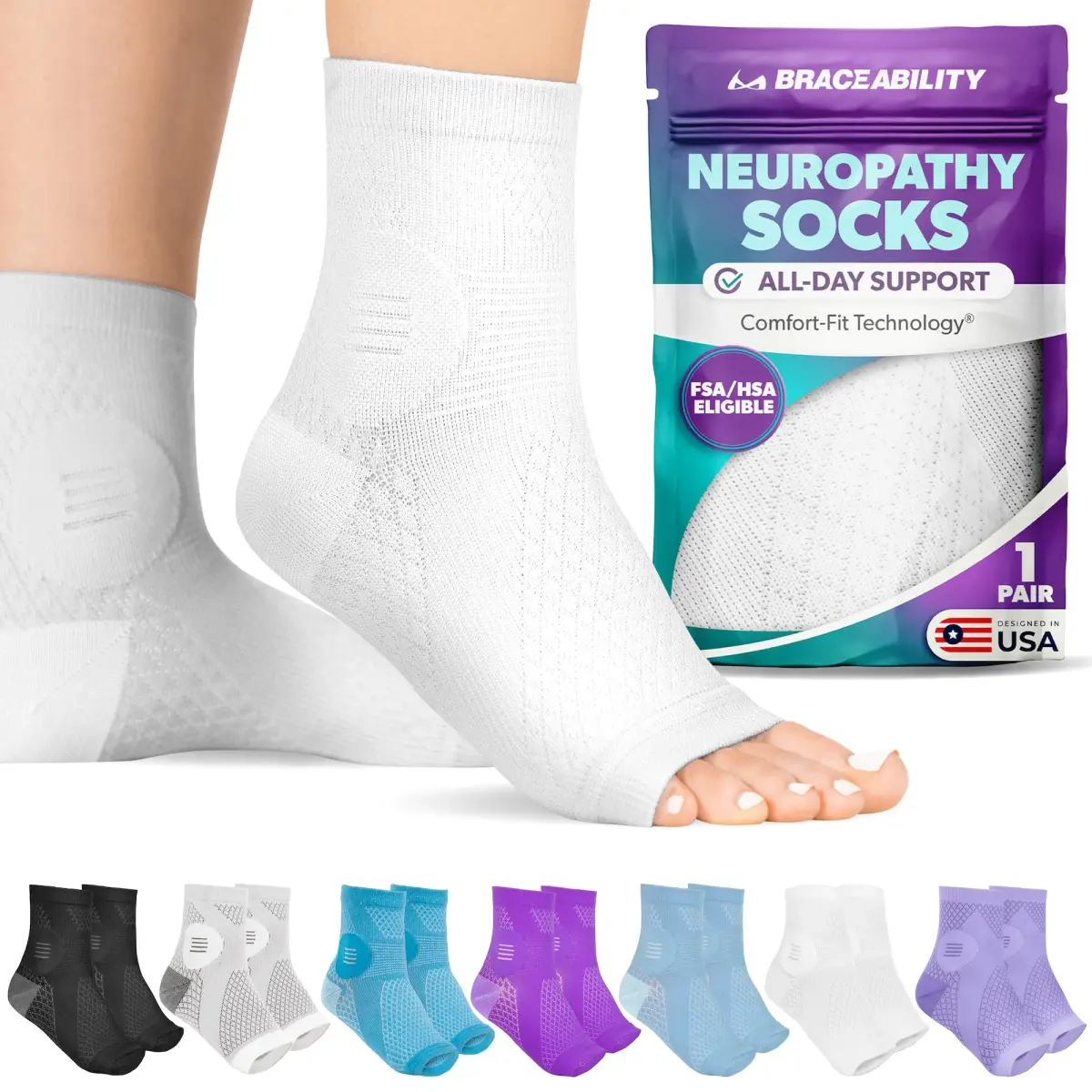 BraceAbility Neuropathy Socks Medium - White | FDA Approved Medical Compression Garment for Nerve Pain Relief - main product image
