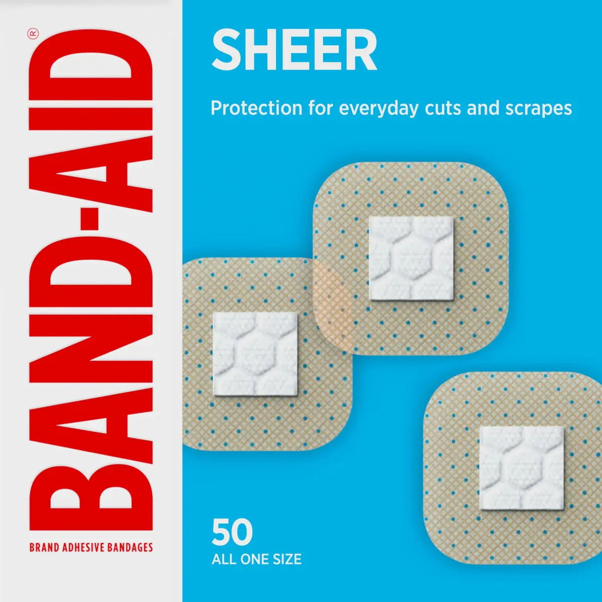 BAND-AID Brand Sheer Spot Square Adhesive Bandages 50 Count | Sterile Wound Care for Minor Cuts & Burns - main product image