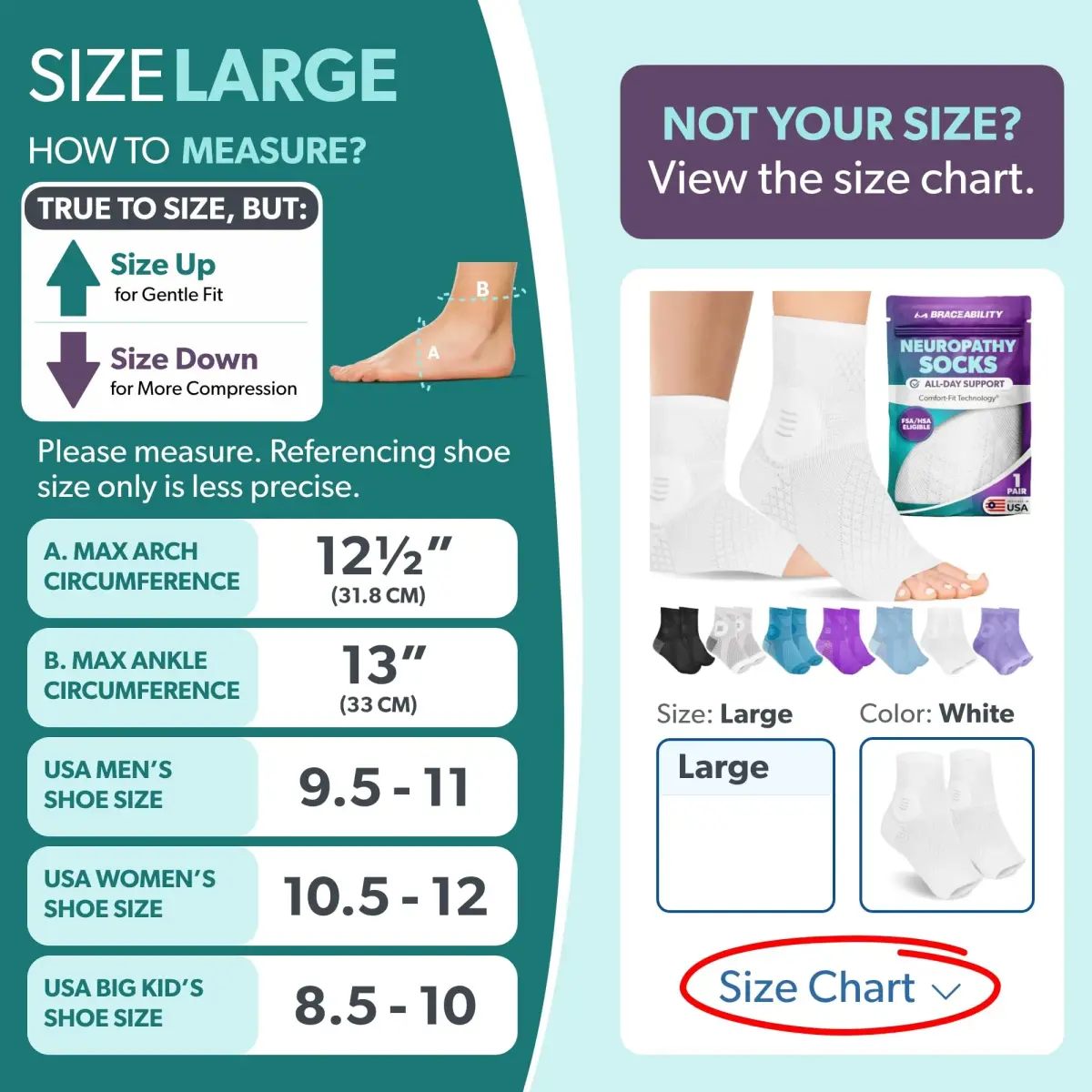 BraceAbility Large White Neuropathy Socks - 1 Pair | FDA Approved Medical Compression for Nerve Pain - view 2