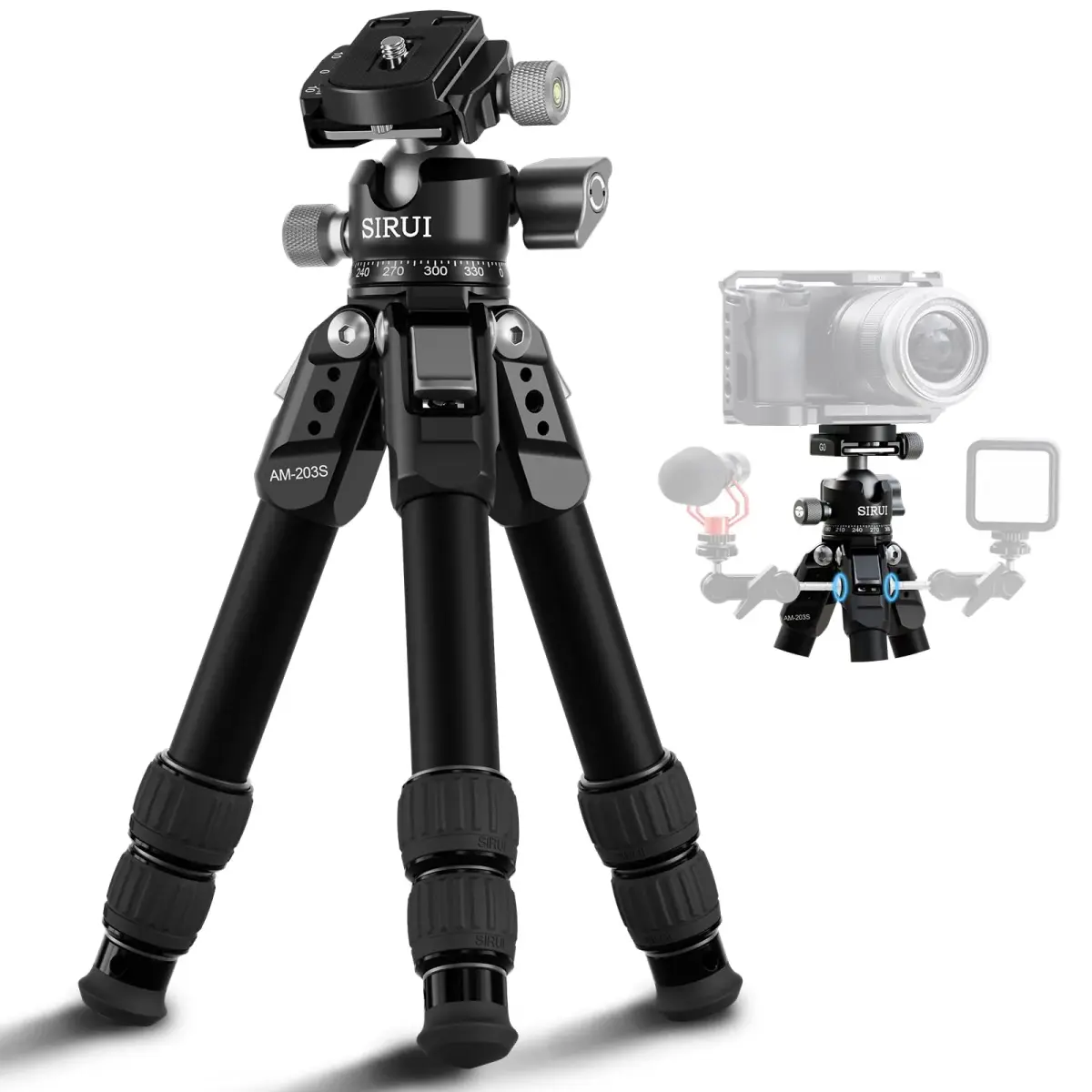 Sirui AM-203S+G0 Aluminum Desktop Tripod with Ball Head | 15kg (33lbs) Load Capacity, 42.5cm (16.7") Max Height - main product image