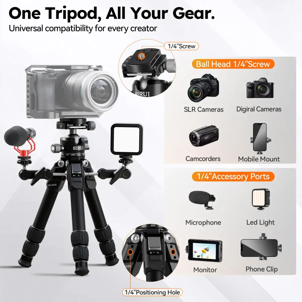 Sirui AM-203S+G0 Aluminum Desktop Tripod with Ball Head | 15kg (33lbs) Load Capacity, 42.5cm (16.7") Max Height - view 7