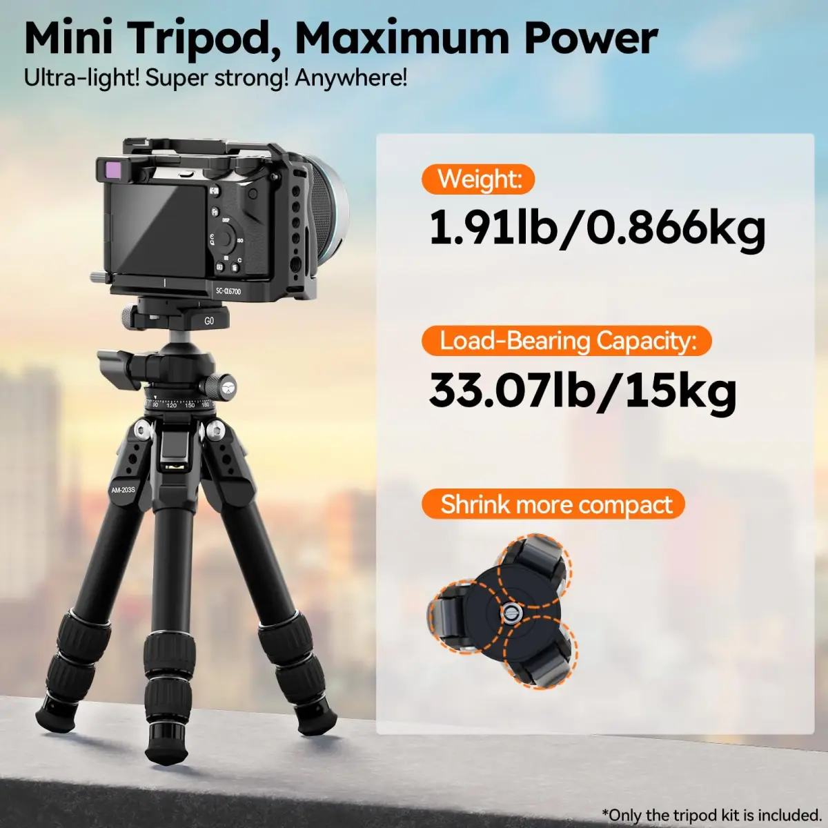Sirui AM-203S+G0 Aluminum Desktop Tripod with Ball Head | 15kg (33lbs) Load Capacity, 42.5cm (16.7") Max Height - view 2