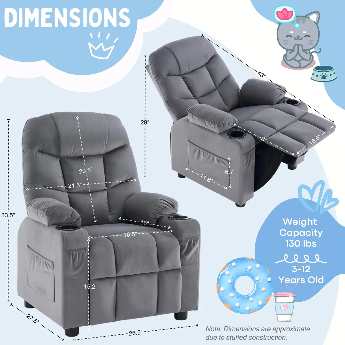 SNUGWAY Kids Recliner Chair Velvet Reclining Toddler Push Back Big Sofa Ages 3-12 | Ergonomic & Durable - view 5