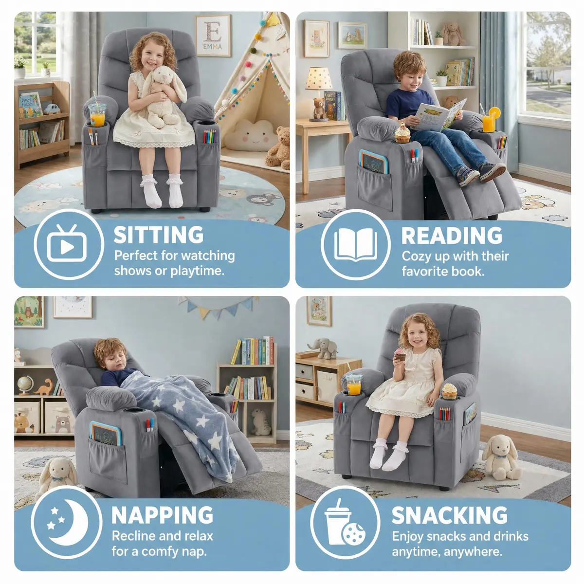 SNUGWAY Kids Recliner Chair Velvet Reclining Toddler Push Back Big Sofa Ages 3-12 | Ergonomic & Durable - view 6