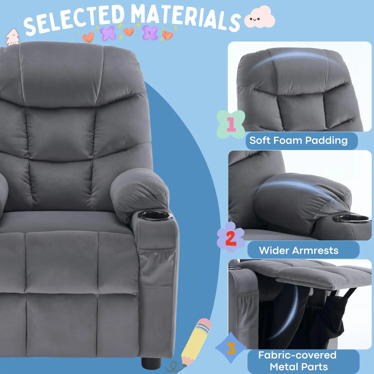 SNUGWAY Kids Recliner Chair Velvet Reclining Toddler Push Back Big Sofa Ages 3-12 | Ergonomic & Durable - view 7