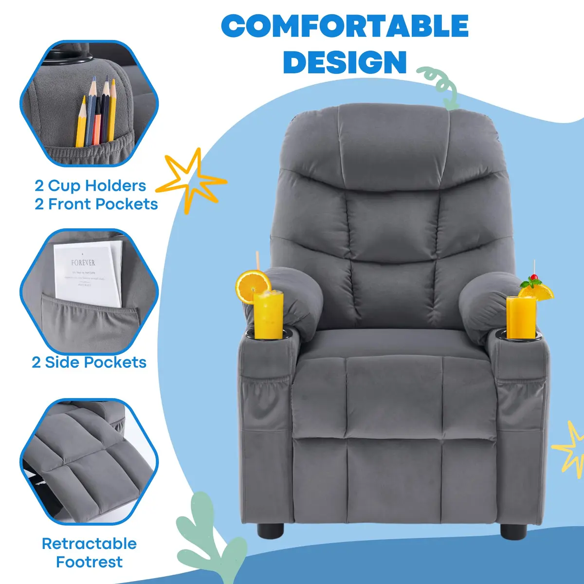 SNUGWAY Kids Recliner Chair Velvet Reclining Toddler Push Back Big Sofa Ages 3-12 | Ergonomic & Durable - view 8