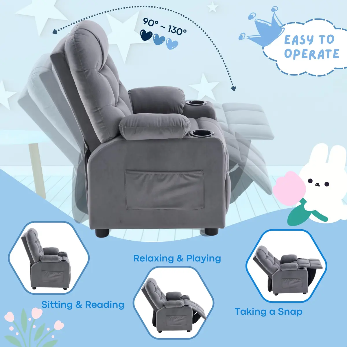 SNUGWAY Kids Recliner Chair Velvet Reclining Toddler Push Back Big Sofa Ages 3-12 | Ergonomic & Durable - view 9