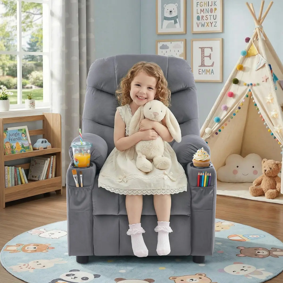 SNUGWAY Kids Recliner Chair Velvet Reclining Toddler Push Back Big Sofa Ages 3-12 | Ergonomic & Durable - view 3