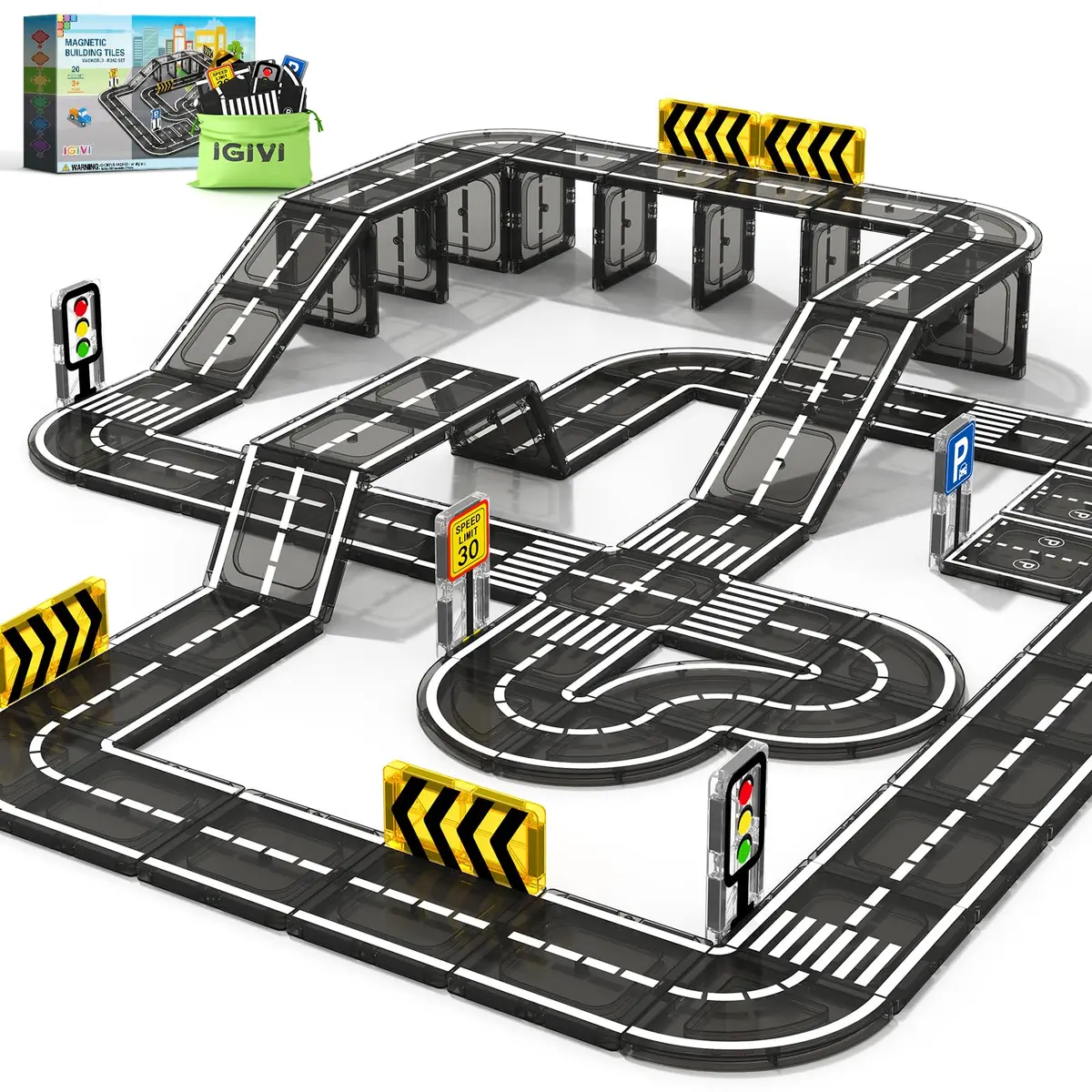 IGIVI Magnetic Tiles Road Set for Kids 3-5 | STEM Building Blocks, 20 Pieces, Safe & Compatible - main product image