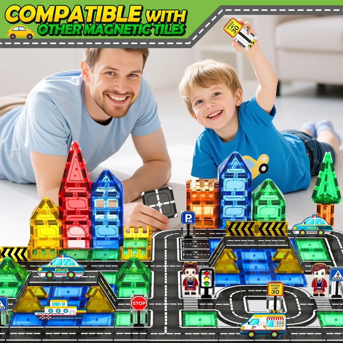 IGIVI Magnetic Tiles Road Set for Kids 3-5 | STEM Building Blocks, 20 Pieces, Safe & Compatible - view 3