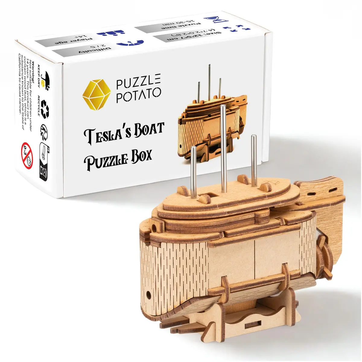 PUZZLE POTATO Tesla's Boat Wooden Escape Room Puzzle Box for Adults | Mechanical Brain Teaser with Hidden Compartments - main product image