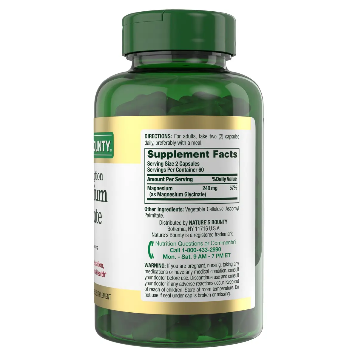Nature's Bounty Magnesium Glycinate 240 mg | Supports Muscle, Bone & Heart Health | Vegetarian, Gluten-Free, Non-GMO (120 Capsules) - view 8