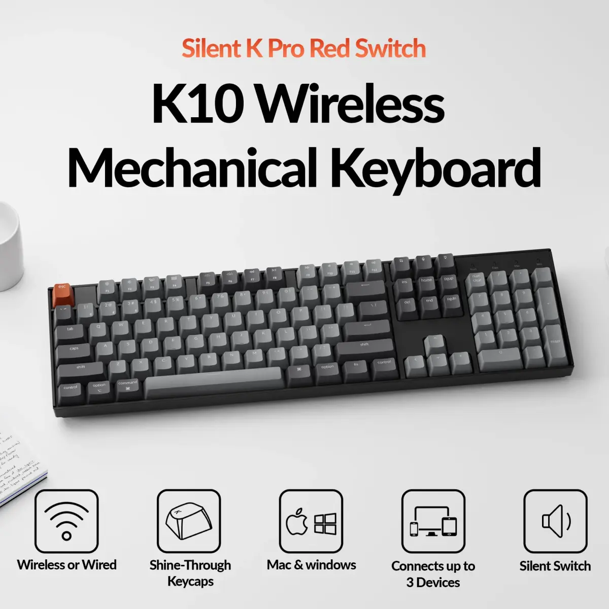 Keychron K10 Full Size 104 Keys Wireless Mechanical Keyboard with Keychron Silent K Pro Red Switch, White LED Backlight, Mac/Windows Compatibility - view 2