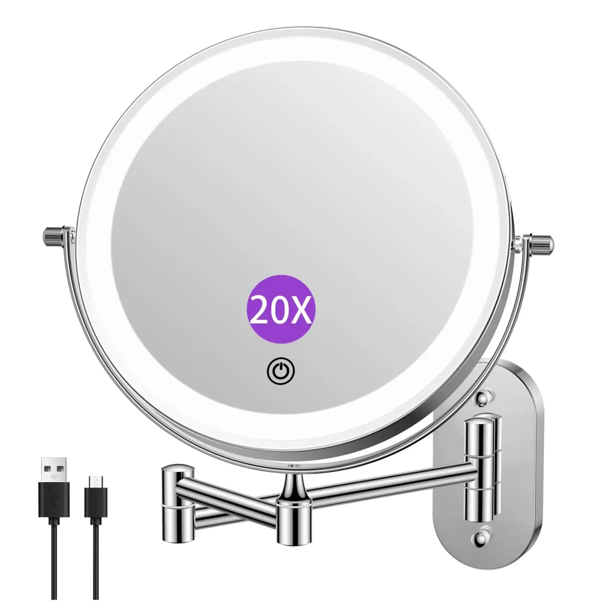 FUNTOUCH Rechargeable Wall Mounted Lighted Makeup Mirror 8 Inch 1X/20X Magnification | 3 Color Lights, Extendable Arm - main product image
