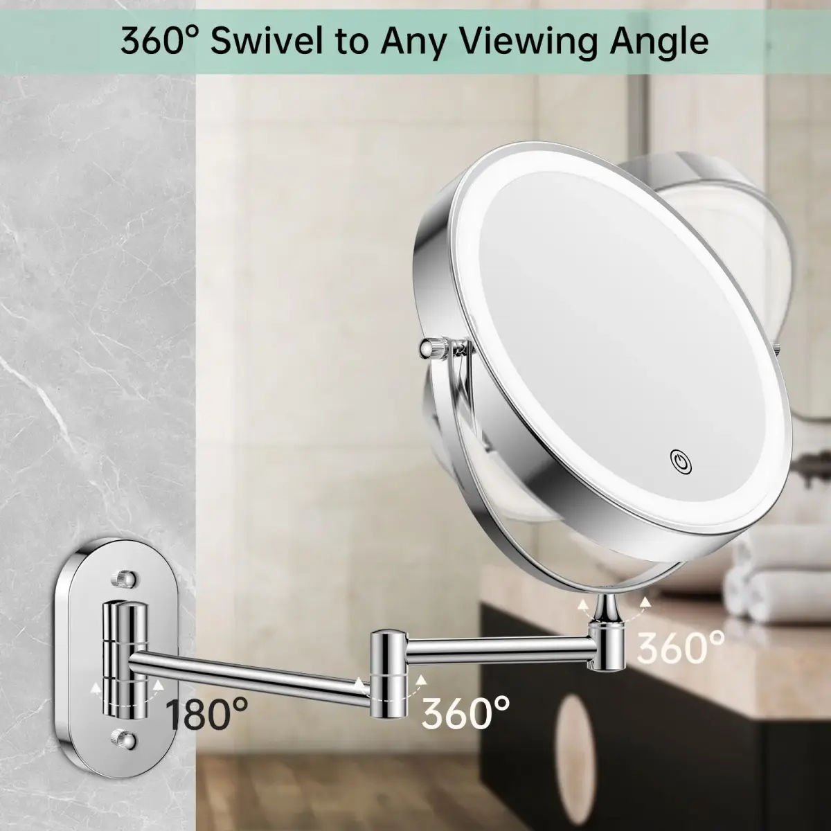 FUNTOUCH Rechargeable Wall Mounted Lighted Makeup Mirror 8 Inch 1X/20X Magnification | 3 Color Lights, Extendable Arm - view 5