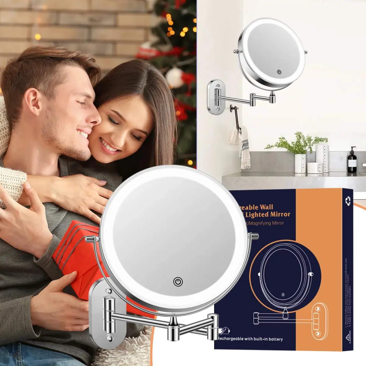 FUNTOUCH Rechargeable Wall Mounted Lighted Makeup Mirror 8 Inch 1X/20X Magnification | 3 Color Lights, Extendable Arm - view 7
