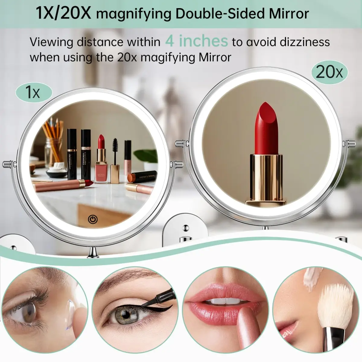 FUNTOUCH Rechargeable Wall Mounted Lighted Makeup Mirror 8 Inch 1X/20X Magnification | 3 Color Lights, Extendable Arm - view 2