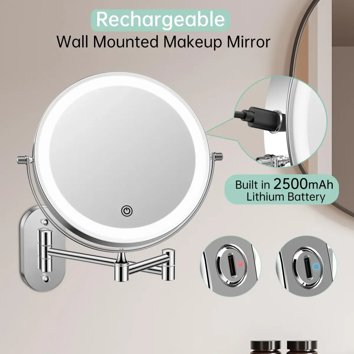 FUNTOUCH Rechargeable Wall Mounted Lighted Makeup Mirror 8 Inch 1X/20X Magnification | 3 Color Lights, Extendable Arm - view 3