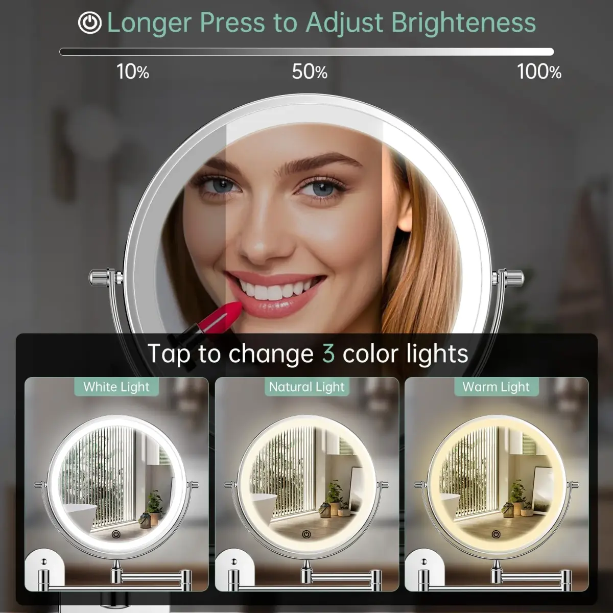 FUNTOUCH Rechargeable Wall Mounted Lighted Makeup Mirror 8 Inch 1X/20X Magnification | 3 Color Lights, Extendable Arm - view 4
