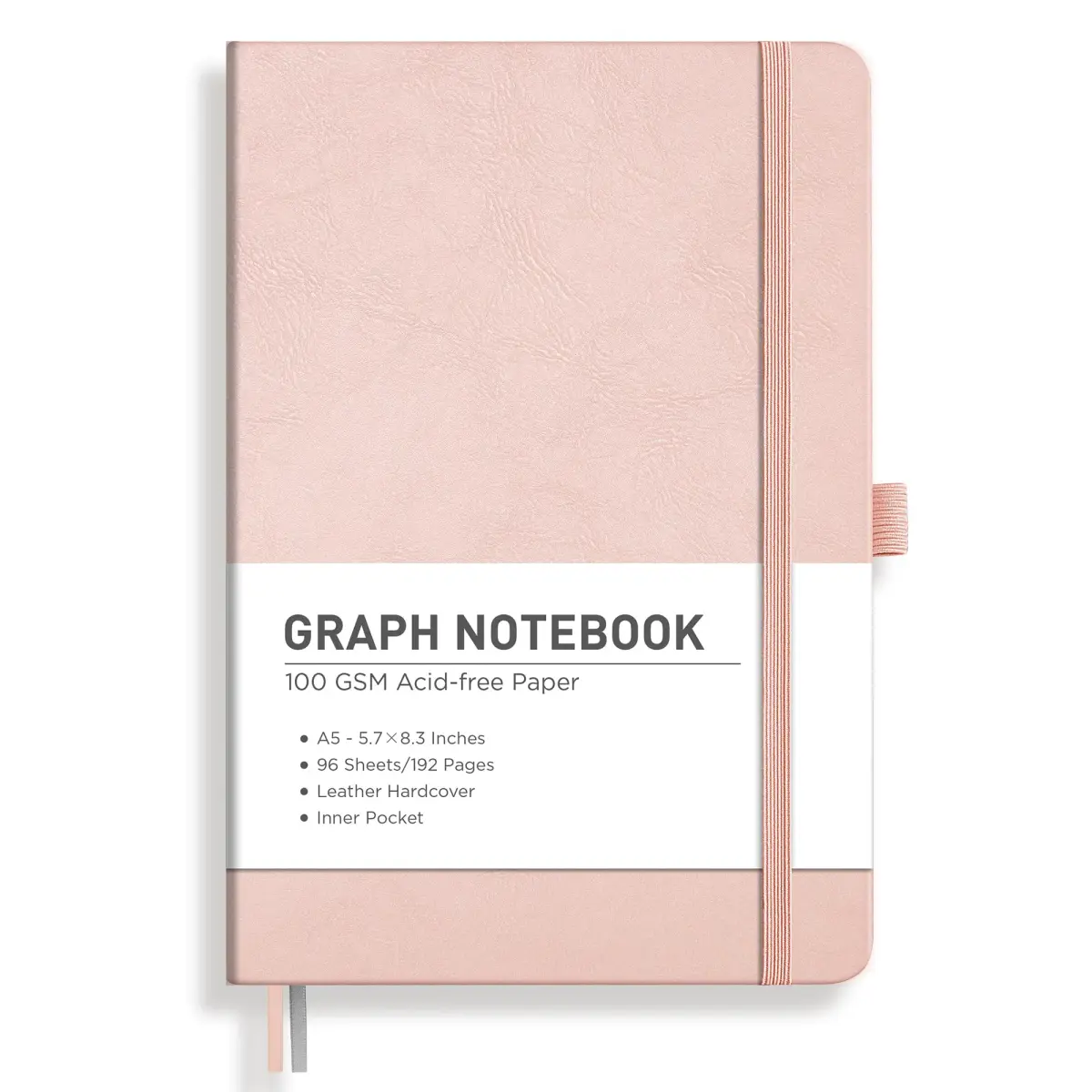 RETTACY Graph Grid Paper Notebook, A5 Size (5.7'' x 8.3'') 192 Pages, 5 Squares/Inch, Rose Gold Leather Hardcover, 100 GSM Thick Paper - main product image