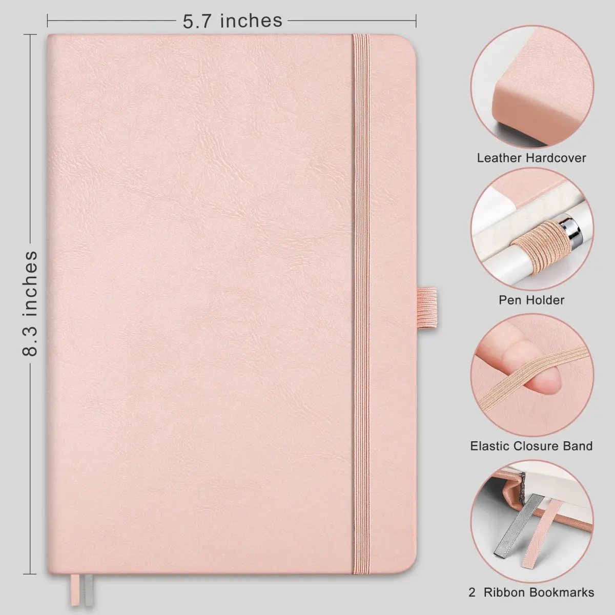 RETTACY Graph Grid Paper Notebook, A5 Size (5.7'' x 8.3'') 192 Pages, 5 Squares/Inch, Rose Gold Leather Hardcover, 100 GSM Thick Paper - view 2