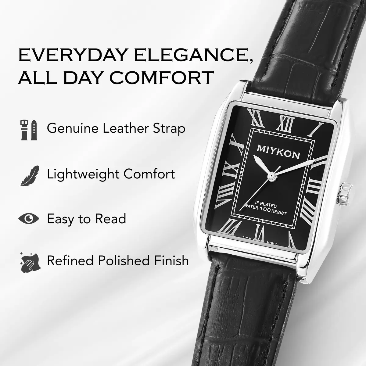 Miykon Men Vintage Tank Dress Watch 38mm | Genuine Leather, Water Resistant - view 7