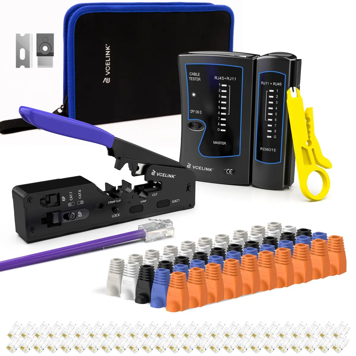 VCELINK RJ45 Crimp Tool Kit with LAN Tester & 50 Connectors | All-in-One Network Solution for Cat6, Cat5e, RJ11 - main product image