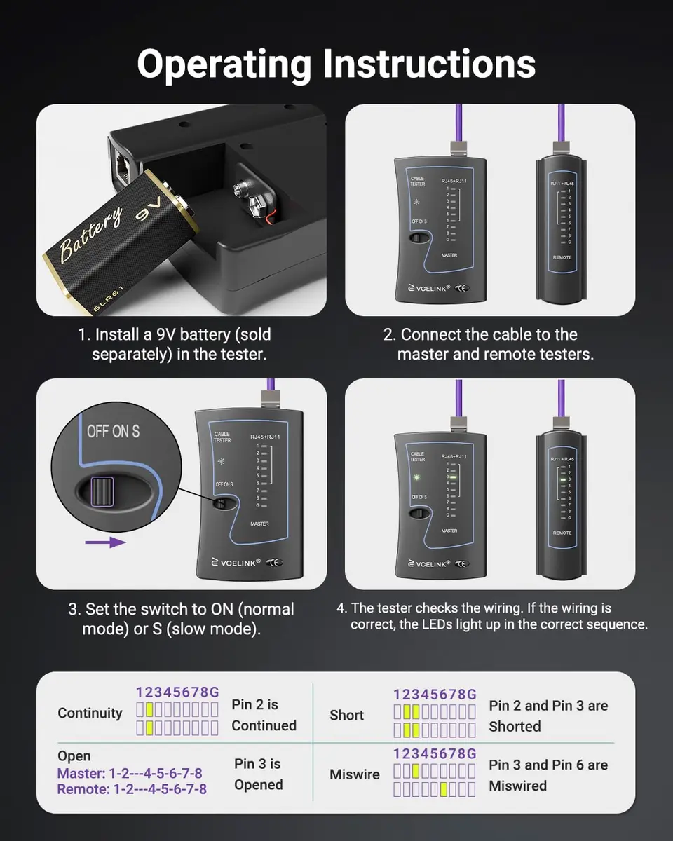 VCELINK RJ45 Crimp Tool Kit with LAN Tester & 50 Connectors | All-in-One Network Solution for Cat6, Cat5e, RJ11 - view 8