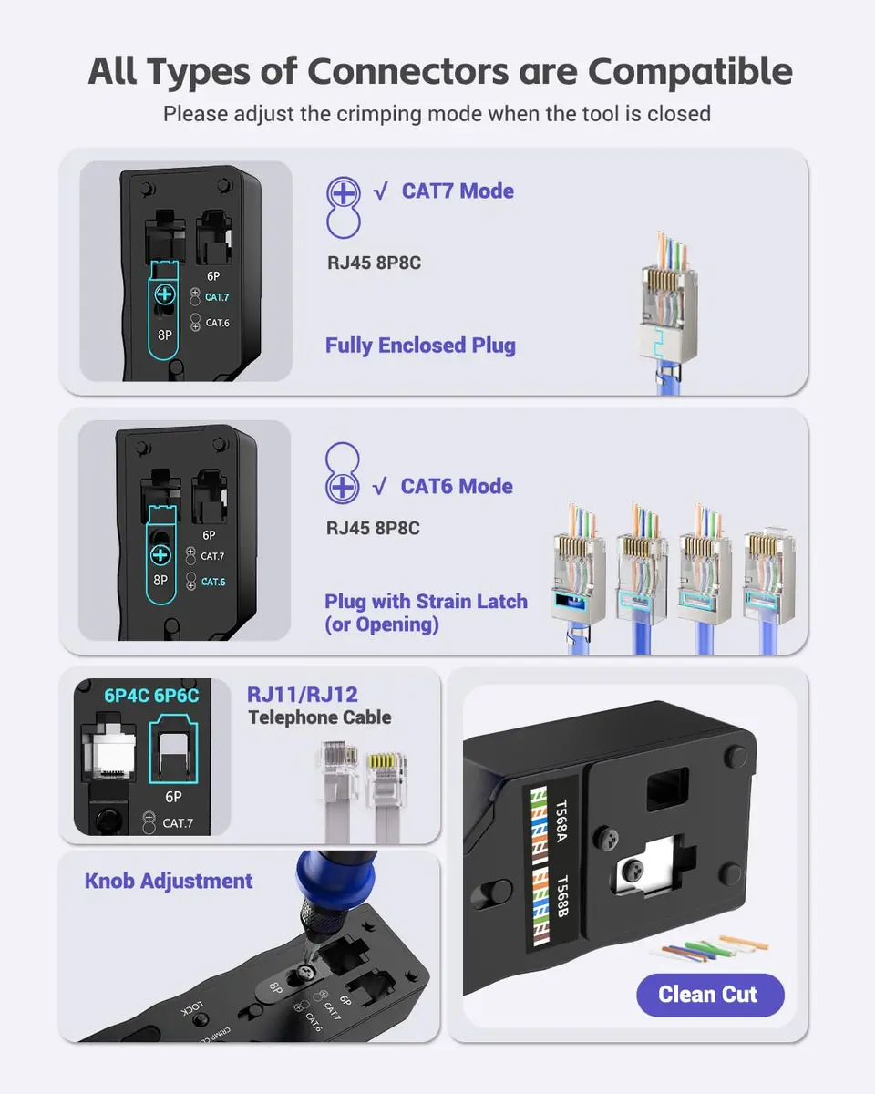 VCELINK RJ45 Crimp Tool Kit with LAN Tester & 50 Connectors | All-in-One Network Solution for Cat6, Cat5e, RJ11 - view 3