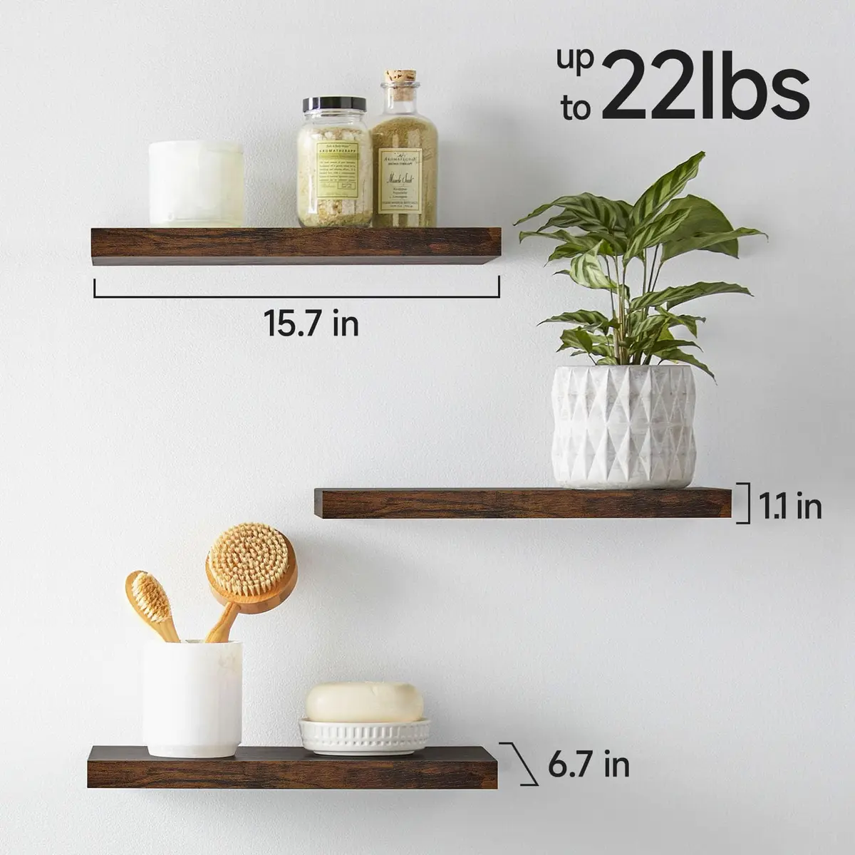 BAYKA Rustic Brown Floating Shelves, 15.7in (39.9cm) Wide, Set of 3 | Sturdy Engineered Wood Wall Mount Shelf for Bathroom, Kitchen, Living Room - view 5