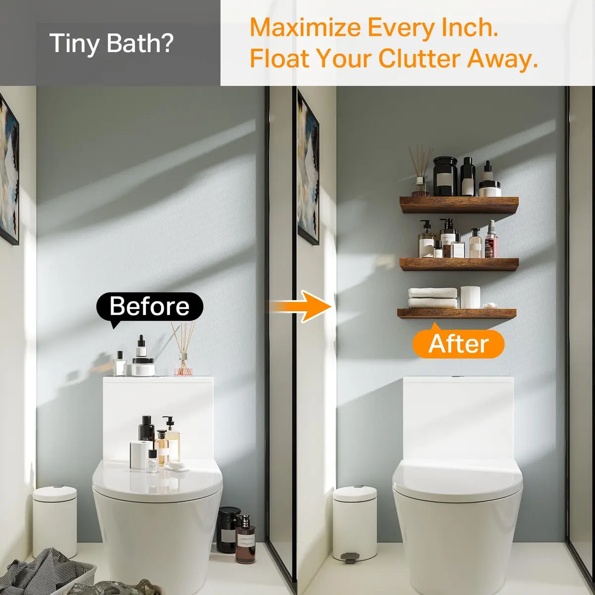 BAYKA Rustic Brown Floating Shelves, 15.7in (39.9cm) Wide, Set of 3 | Sturdy Engineered Wood Wall Mount Shelf for Bathroom, Kitchen, Living Room - view 6