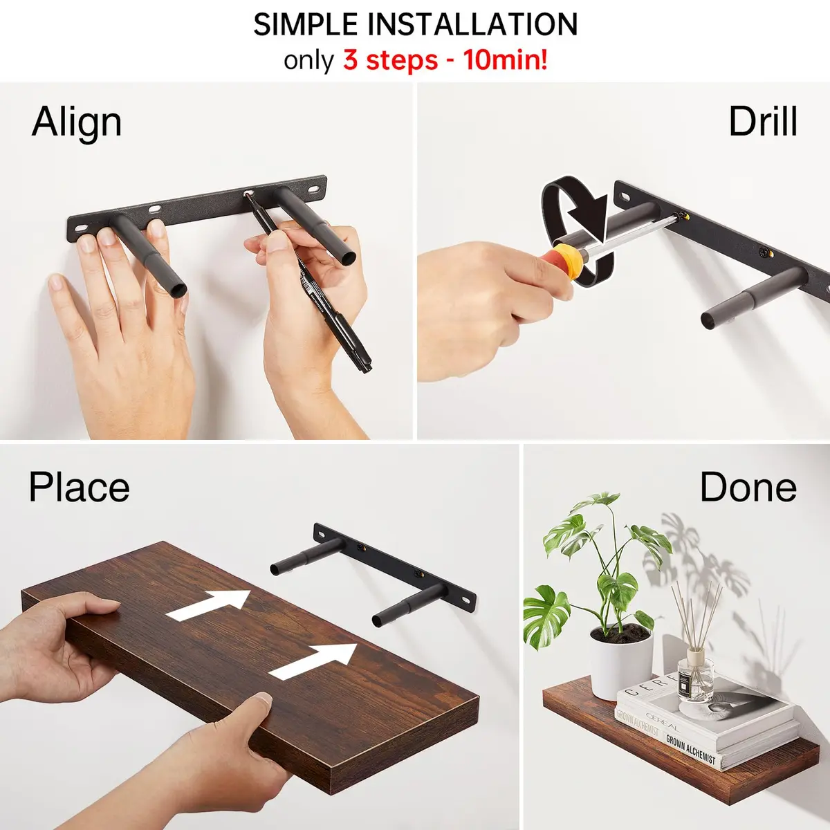 BAYKA Rustic Brown Floating Shelves, 15.7in (39.9cm) Wide, Set of 3 | Sturdy Engineered Wood Wall Mount Shelf for Bathroom, Kitchen, Living Room - view 8